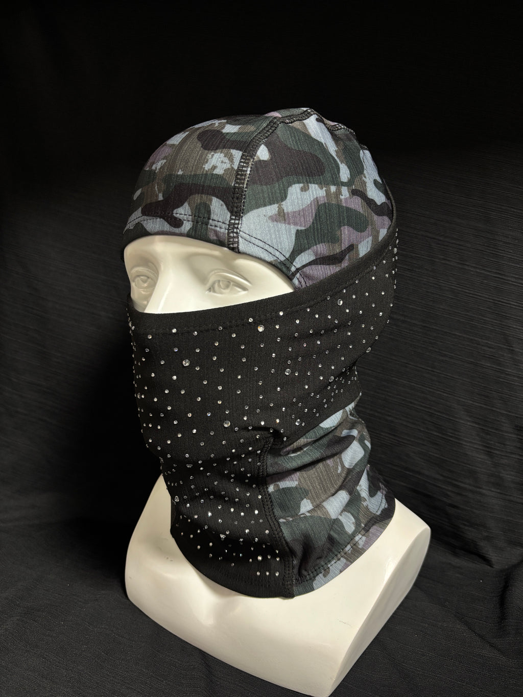 Gray camouflage multi-color hand-stitched crystal head cover