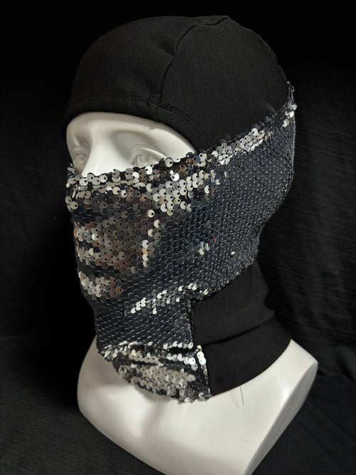 Black and silver flip-flap sequined balaclava headgear